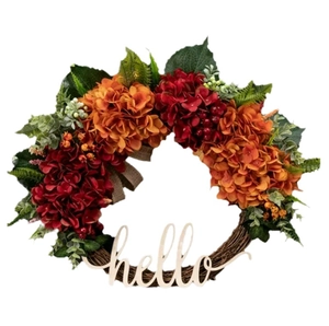 Autumn hydrangea wreath with wooden hello sign and vibrant fall foliage for home decor
