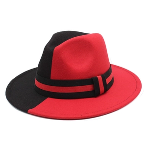 Two-tone red and black wool felt jazz fedora hat with matching striped band
