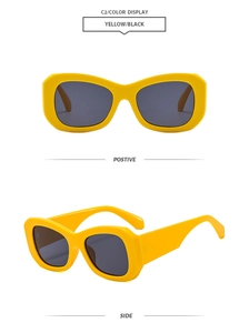 Front and side views of chunky yellow rectangle sunglasses with dark gray lenses