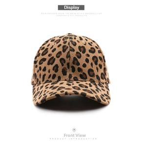 Detailed view of leopard print corduroy baseball cap with high-quality texture and stitching