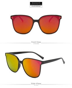 Front and side view of black thick frame sunglasses with orange mirror lenses