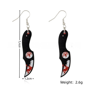 Detailed size view of Halloween blood-splatter acrylic knife earrings with metal hooks