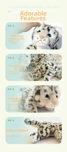 Close-up of plush snow leopard toy showing soft faux fur and realistic blue eyes