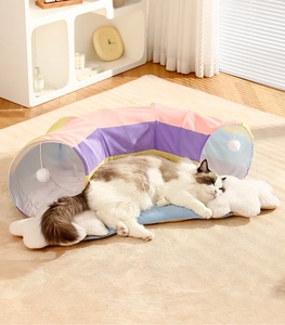 L-vormige kattentunnel en wolk pluche mat set met een ragdoll kat in een gezellige kamer