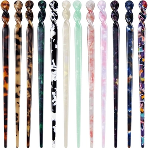 Set of 12 minimalist acetate hair sticks with various marble and tortoise patterns