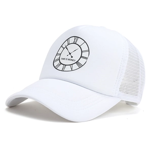 White trucker hat with mesh back featuring black Time Is Money clock print on front