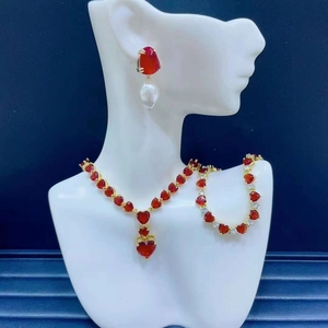 Romantic Red Heart Gemstone Jewelry Copper Necklace Bracelet Earrings With White Artificial Pearls Elegant Gift For Women