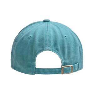 Detail view of washed cotton baseball cap featuring an adjustable brass metal buckle