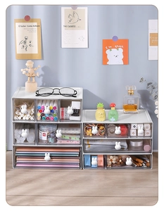 Close-up of white desktop organizer with transparent drawers and rabbit shaped handles