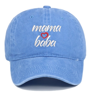 Blue washed cotton baseball cap with white mama baba embroidery and red heart