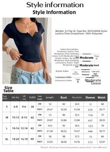 Size chart and fabric specification table for the Y2K lace button short sleeve T-shirt