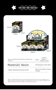 Detailed size chart for Nine-Tailed Fox resin blind box toys with packaging dimensions