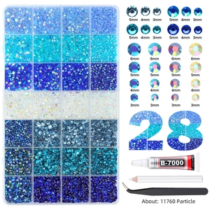 28-Gitter Nagelkunst-Set mit 11760 blauen Strasssteinen, Kleber, Stift und Pinzette