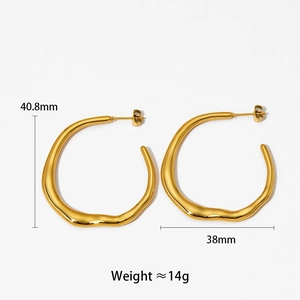 Polished gold irregular wavy hoop earrings showing 40.8mm size and 14g weight details