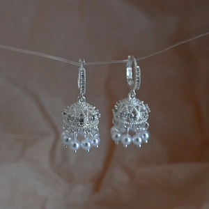 Hollow Out Bell Dangle Earrings Zircon Inlaid Artificial Pearl Tassel Retro Ethnic Style Silver Color Jewelry For Women
