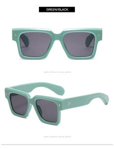 Detailed view of mint green retro square frame sunglasses with golden arrow rivet accents