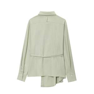 Women's light green linen long sleeve shirt with asymmetrical hem and tie waist design