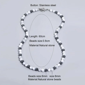 Detailed view of 8mm natural stone beaded necklace with stainless steel toggle clasp