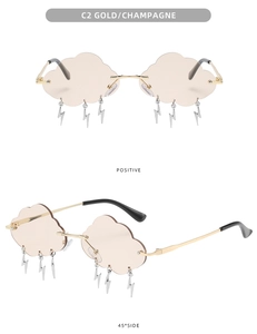 Macro view of cloud-shaped rimless sunglasses with dangling lightning bolt pendants