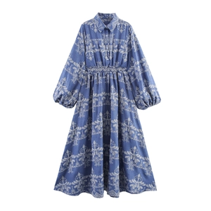 Femme Robe Chemise Longue Rétro Française Manches Bouffantes Broderie Florale Bouton Revers Taille Élastique Bleu
