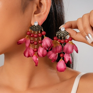 Bohemian Fan Tassel Earrings With Fabric Petals Red Beads Rhinestones And 925 Sterling Silver Earring Post For Women