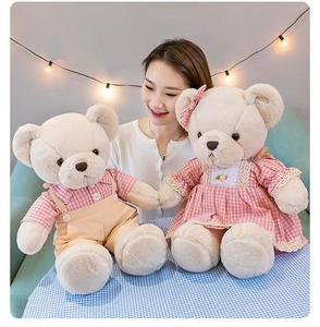 Detail of plush teddy bear couple in pink checkered outfits in a cozy home setting