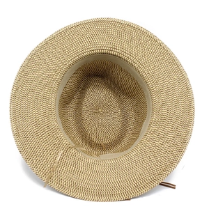 Detail view of woven straw hat interior featuring adjustable inner band and sweatband