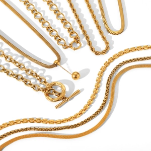 Golden stainless steel chain necklace set featuring Cuban, snake, and twisted link styles