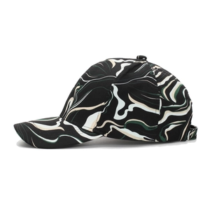 Fashionable baseball cap featuring colorful abstract marble patterns in black and beige