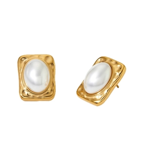 Elegant gold square stud earrings with textured hammer finish and faux pearl inlay