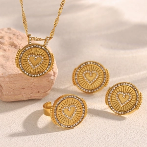Collier Boucles D'oreilles Et Bague Réglable En Acier Inoxydable Plaqué Or 18 Carats Disque Rond Coeur Zircon Bijoux Pour Femmes