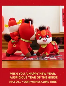 Detailed view of red 2026 Zodiac Horse plush toys with festive gold accents