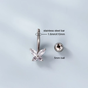 Butterfly belly button ring with sparkling white cubic zirconia and stainless steel bar