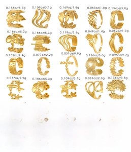 Size chart showing weight and 1.8cm diameter for 20-piece gold stainless steel ring set