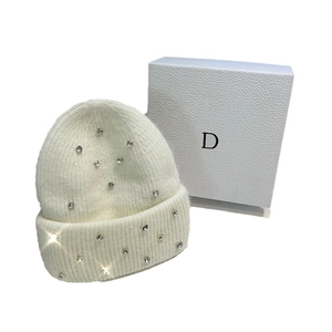 White angora knit beanie with sparkling rhinestones and a premium textured gift box