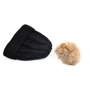 Black thick cable knit beanie with detachable brown faux fur pom pom for women winter