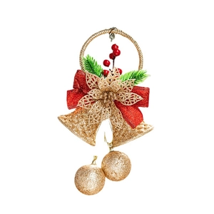 Golden Christmas bells with red bows and pine needles festive hanging ornaments