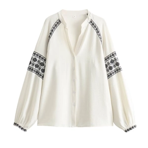Women Blouse Long Lantern Sleeve V Neck Button Down Polyester Ethnic Geometric Embroidery Contrast Color Elegant