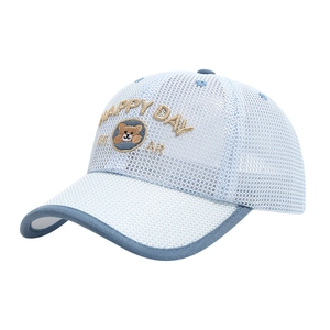 Kids breathable mesh baseball cap in light blue featuring a happy bear patch and embroidery