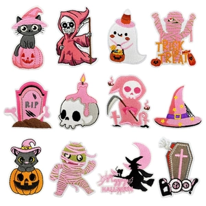 Halloween Embroidered Patches Pink Cute Ghost Pumpkin Cat Iron On Applique DIY For Clothes Hats