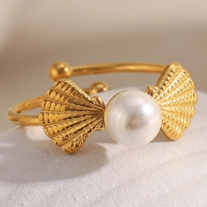 Bague Ouverte Élégante En Künstliche Perle D'imitation Coquillage Acier Inoxydable Plaqué Or 18K Réglable Bijoux Vintage Femmes