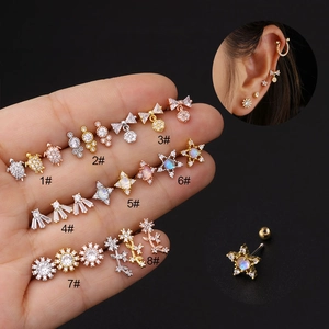 Cartilage Piercing Stud Earrings Stainless Steel Post Copper Micro Pave Cubic Zirconia Various Shapes Screw Ball Back For Women