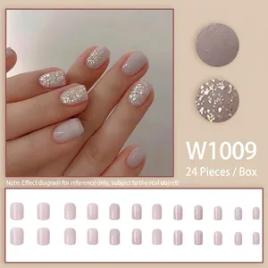 Faux ongles courts carrés pailletés rose tendre, lot de 24 pièces pour manucure élégante