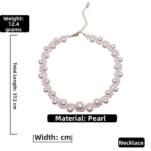 Detail view of woven pearl choker showing 37.2cm length and 12.4g weight specifications