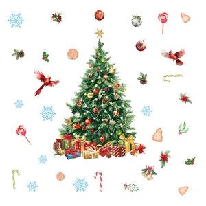 Watercolor Christmas tree wall stickers with red birds, gift boxes and blue snowflakes decor