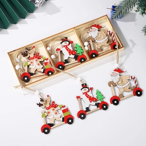 Wooden Christmas tree ornaments set with Santa Snowman Reindeer on scooters