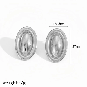 Detail view of oval stainless steel stud earrings with dimensions 16.8mm by 27mm