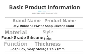 Technical specifications table for food-grade silicone soap dish molds with 3 styles