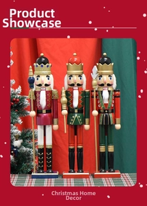 Detailed view of hand-painted wooden nutcracker soldiers in classic Christmas uniforms