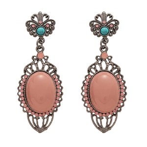 Bohemian floral oval earrings with pink gems and turquoise stones on bronze metal base
